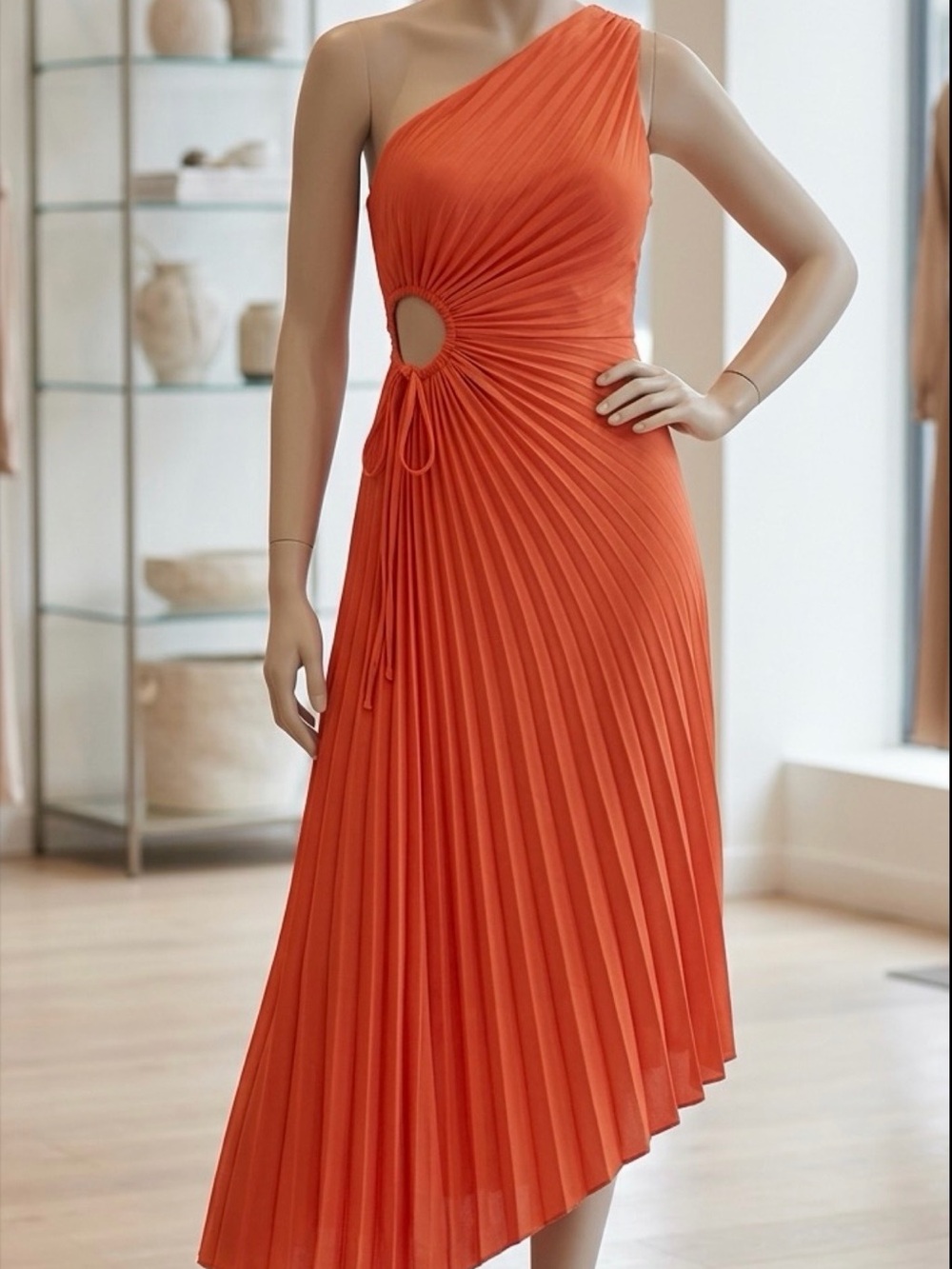 Aakaa One-Shoulder Coral Midi Dress.